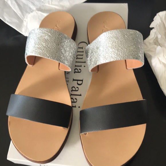 Sleek Black & Silver SOFT LEATHER slides NIB - Picture 2 of 6